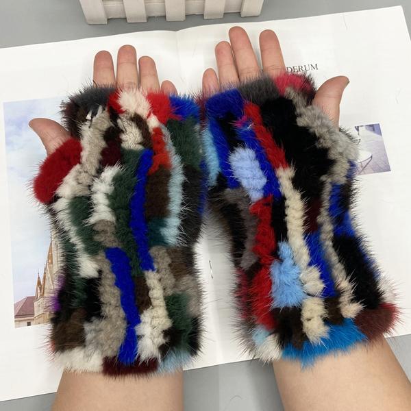 Winter Gloves for Women Natural Mink Fur Knitted Fingerless Solid Warm Elastic Gloves