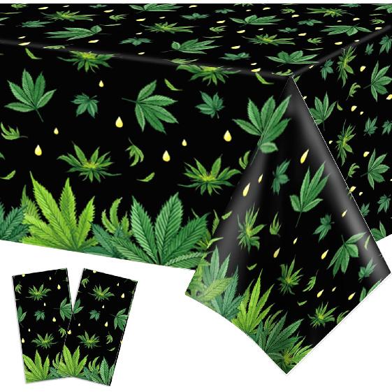 2 PCS Weed Party Tablecloths, 87  Lx51 W Rectangular Plastic Table Covers, Disposable Tablecloths Birthday Wedding Party Picnic Decoration Supplies