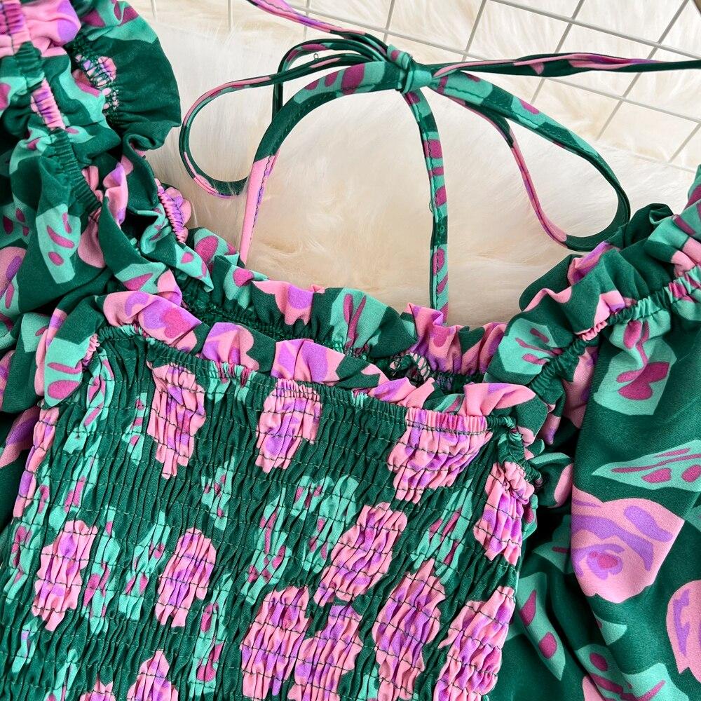 Seaside Holiday Suit Women's Neck Slim Short Top Two Piece Set High Waist Floral Split Skirt Summer New