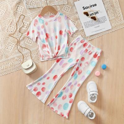 Girls Fashion Set Summer Children's Casual Bubble Dot Print Short-sleeved Flared Pants Set