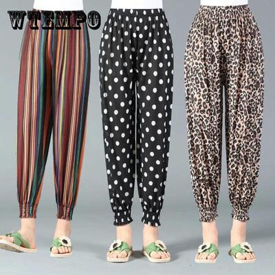 Bloomers calças femininas de verão, seção fina, calças de flores, tamanho grande, calças femininas soltas, retas, de nove pontos