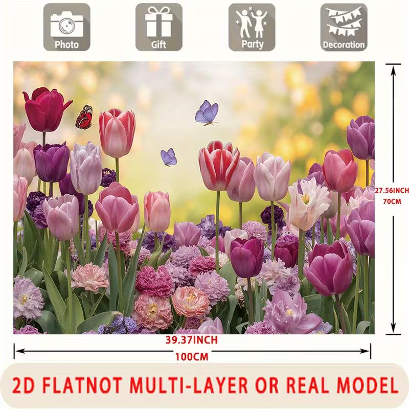 2D Pastel Tulip Garden Backdrop Floral Butterfly Photo Studio Background