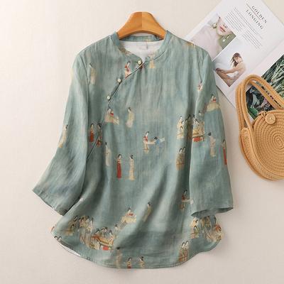 2025 Chique Dames Bedrukt Shirt Dames Opstaande Kraag Schuin Zevenkwartsmouw Zen Top Dames