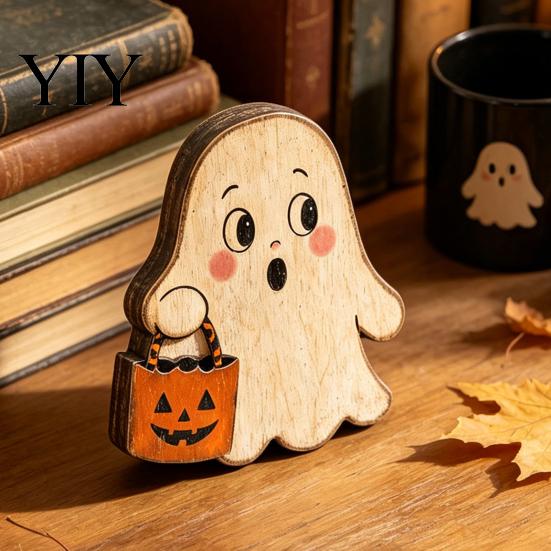 Decorative Wood Souvenirs Halloween Haunted House/Cute Ghost Wooden Table Ornaments, Rustic Farmhouse Tiered Tray Vintage Distressed Crafts