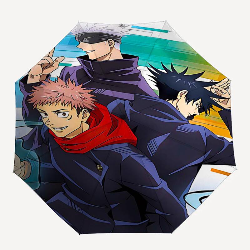 1 Stück Jujutsu Kaisen Charaktere Automatischer Regenschirm Tragbar 3-fach faltbares Design mit Eisenrahmen, Perfekt für den Außenbereich, Reisen, den Alltag und als Geschenk