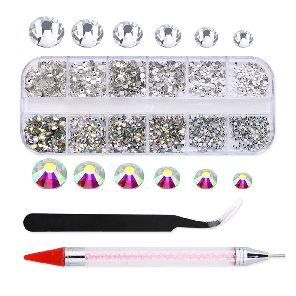 HANNEA Nail Art Kit Flat Back AB Crystal Rhinestones and Clear Crystal Rhinestones with Pick Up Tweezer and Rhinestone Picker Dotting Pen(1500 PCS,