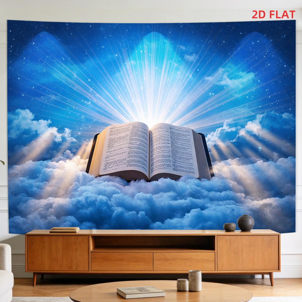 2D Flat - 2D Flat - A Tapestry Featuring a Large Or Small Design of a Shining Open Book Aesthetic, Perfect for Decorating Walls in Living Rooms, Medit