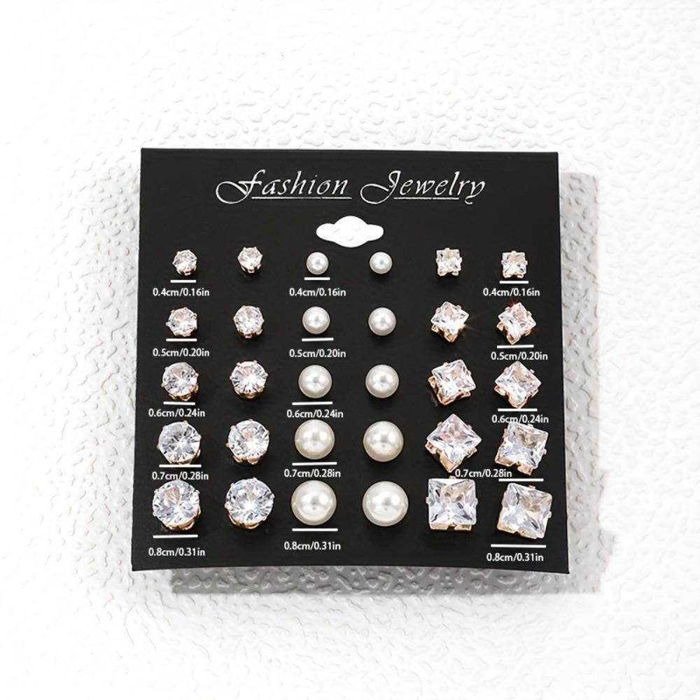 15 Pairs Classic Luxury Geometric Six Claw Zircon Crystal Pearl Stud Earrings Sets for Women Daily Wear Piercing Jewelry Gifts