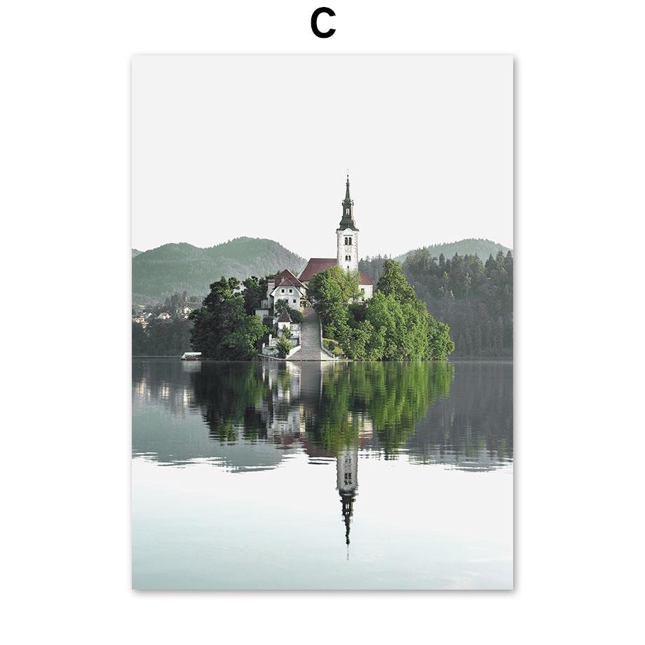 Crin, iarbă, frunze, ceață, pădure, lac, castel, postere și imprimeuri nordice, pictură pe pânză, artă de perete, imagini pentru living, decor acasă