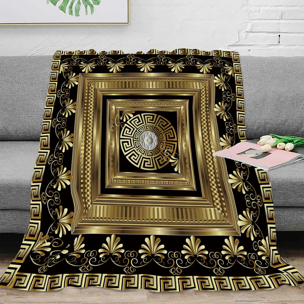 Couverture Plaid en Flanelle Luxe Noir Or Clé Grecque Méandre Baroque Douce Peluche Moelleuse Chaude Décoration Maison Couette Linge de Lit Cadeau
