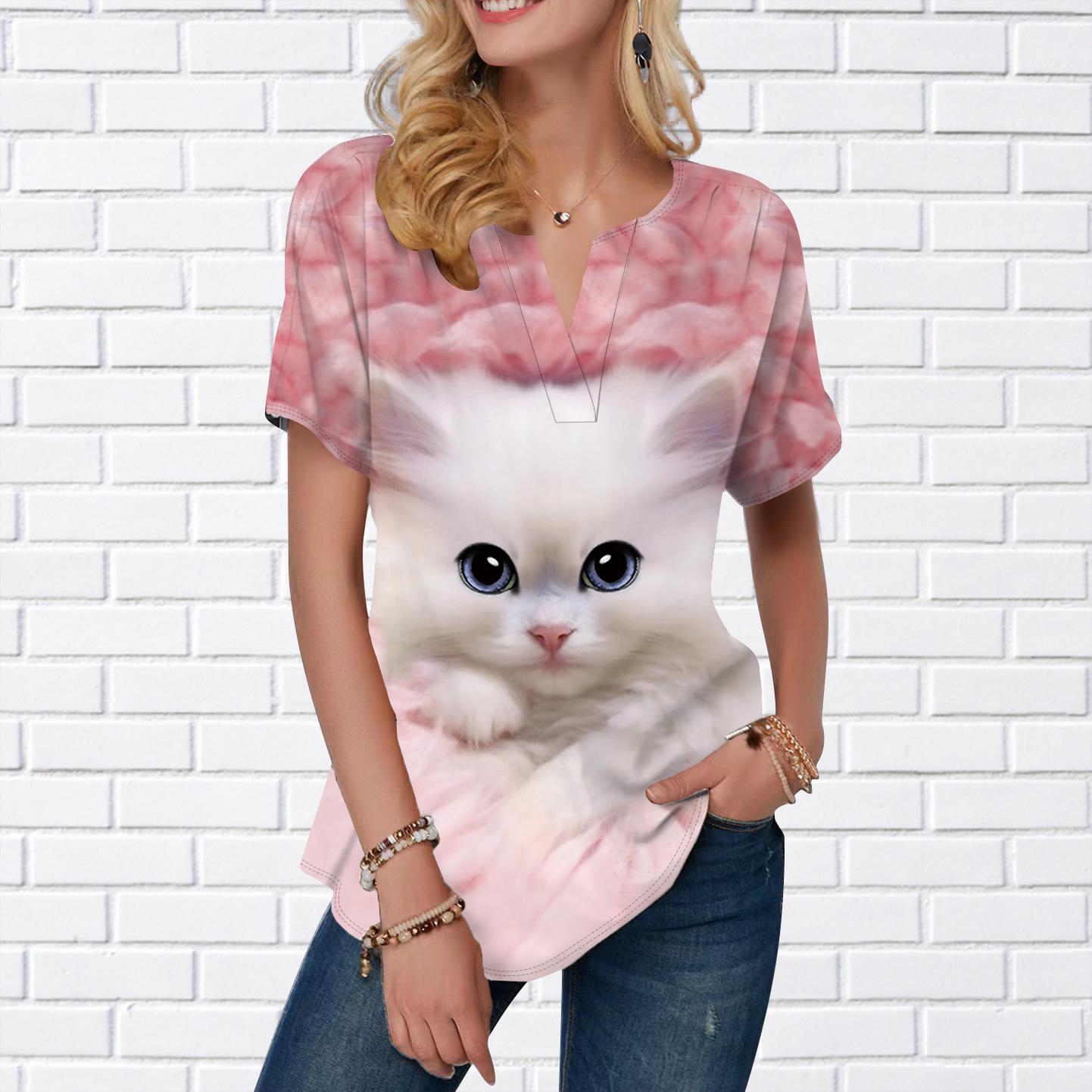 

Женская летняя футболка с принтом белого кота, футболки с короткими рукавами, повседневные топы с принтом, маленький v-образный вырез с короткими рукавами 8XL розовый