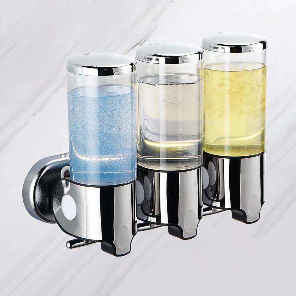 1500ML 3-Chamber Wall Mounted Transparent Window Shampoo Conditioner Dispenser No-Drill Installation for Bathroom Kitchen Hotel