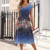 Women's Cap Sleeve Print V-Neck Sleeveless Patchwork Pleated Slim Fit Dress
