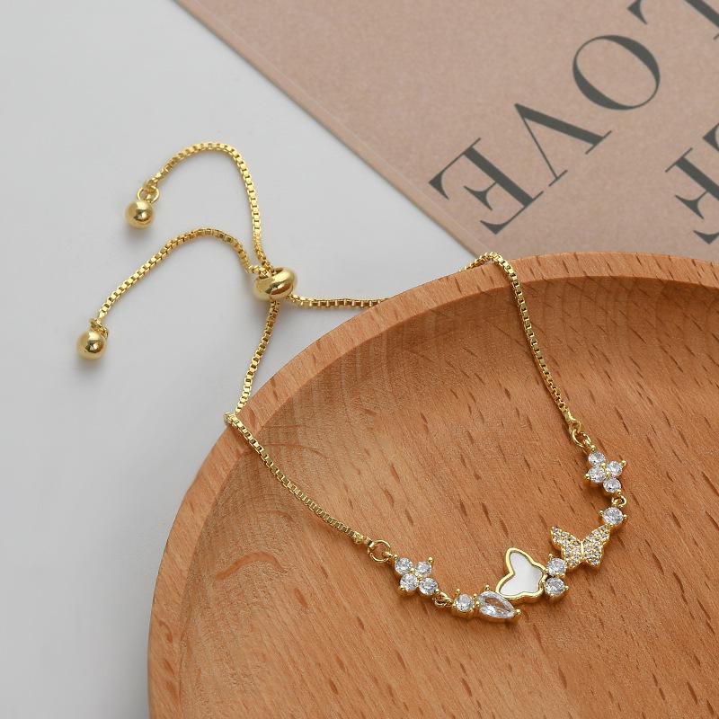 Elegant Gold-Plated Butterfly Bracelet with Micro-Paved Zirconia and Shell, Adjustable Pull-String Design for Women