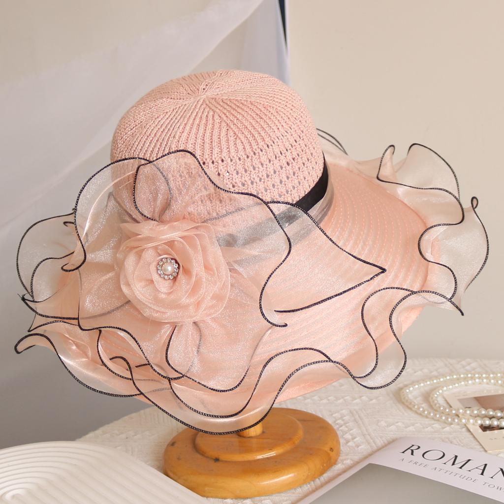 Elegant Summer Women's Sun Hat Breathable Organdy Material Foldable Design Woven Top Flower Decoration