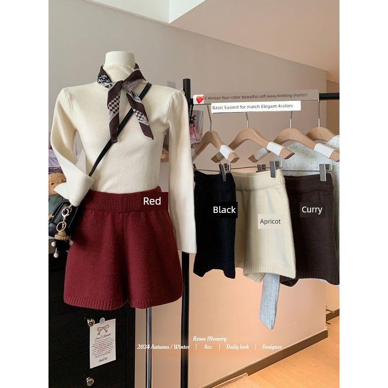 Kumikumi Idle Style Simple Solid Knitted Casual Pants Women Autumn Slimming Versatile High Waist Wide Leg Pants Shorts