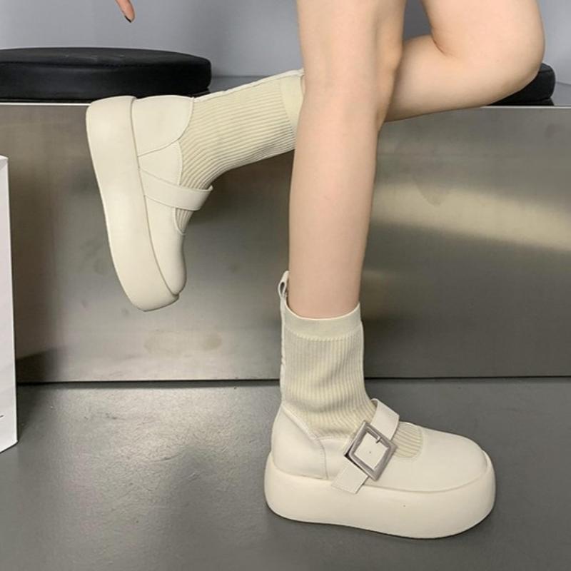 Pantofi de Marcă de Modă Femei 2024 Iarnă Modă Coreeană Stil Mary Jane Botine cu Șosetă pentru Femei Impermeabile Antiderapante cu Talpă Groasă Botine Scurte