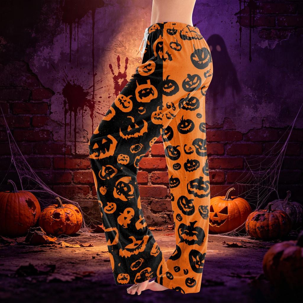 Women Drawstring Waist Halloween Print Long Pants Relaxed Fit Casual Trousers for Seasonal Festive Wear