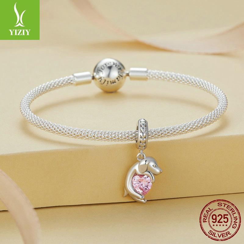 Pink Love Little Golden Retriever Diy Pendant, Cute Dog Pet S925 Sterling Silver Bracelet Beaded.