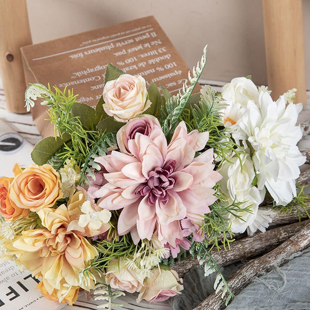 Plastic Artificial Dahlia Rose Flowers Realistic Fake Flowers  Living Room Decor