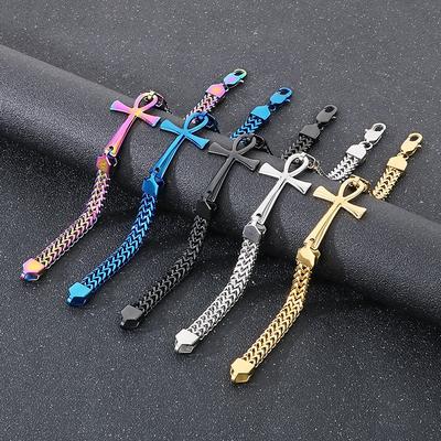 Rock Hip Hop Double Row Braided Chain Jewelry, Vintage Personality Splicing Titanium Steel Ancient Egyptian Cross Men'S Bracelet