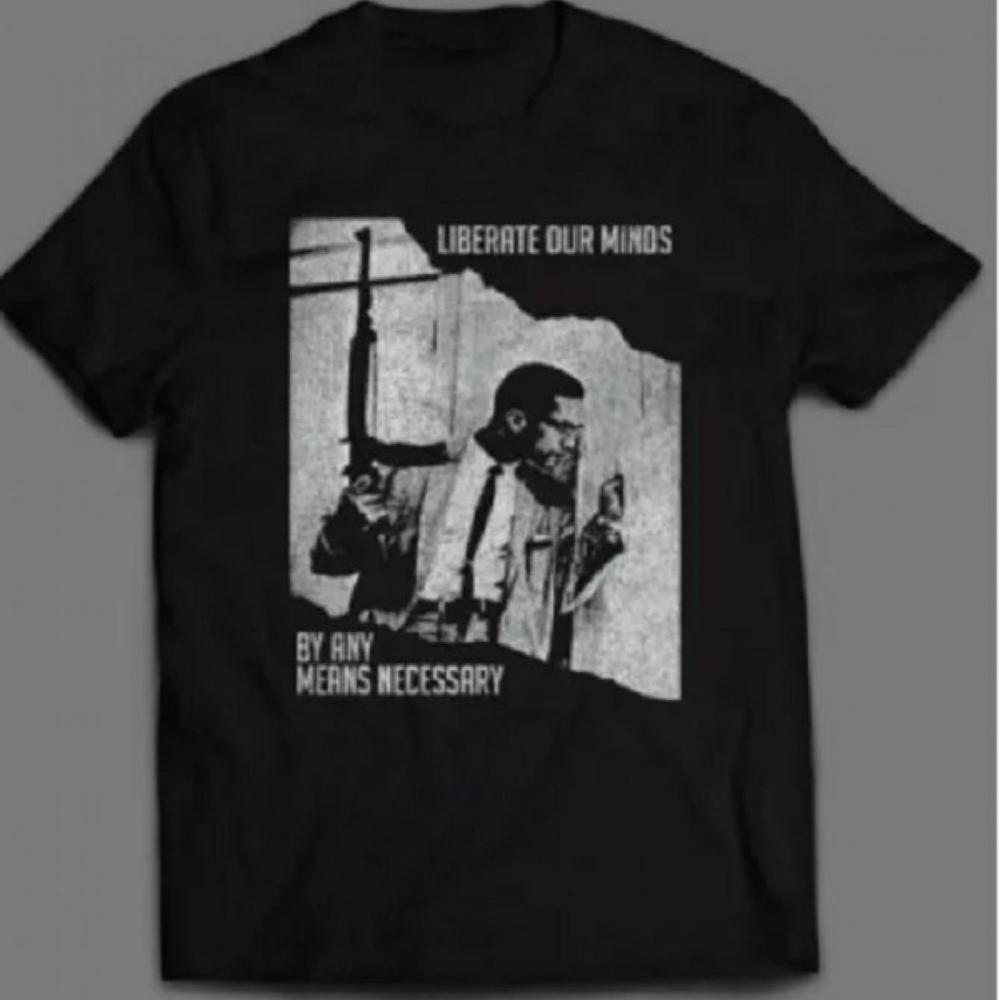MenS Malcolm X Pattern TShirt Free Our Minds By Any Means Necessary Quote Casual Short Sleeve Tee with Black Base White Print XL
