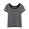 Color Block Striped Crew Neck Short Sleeve Knit T-Shirt Slim Fit Casual Top Women