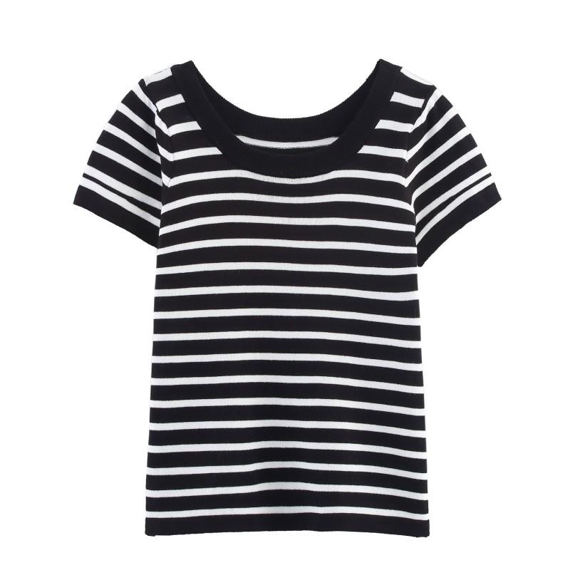 Color Block Striped Crew Neck Short Sleeve Knit T-Shirt Slim Fit Casual Top Women