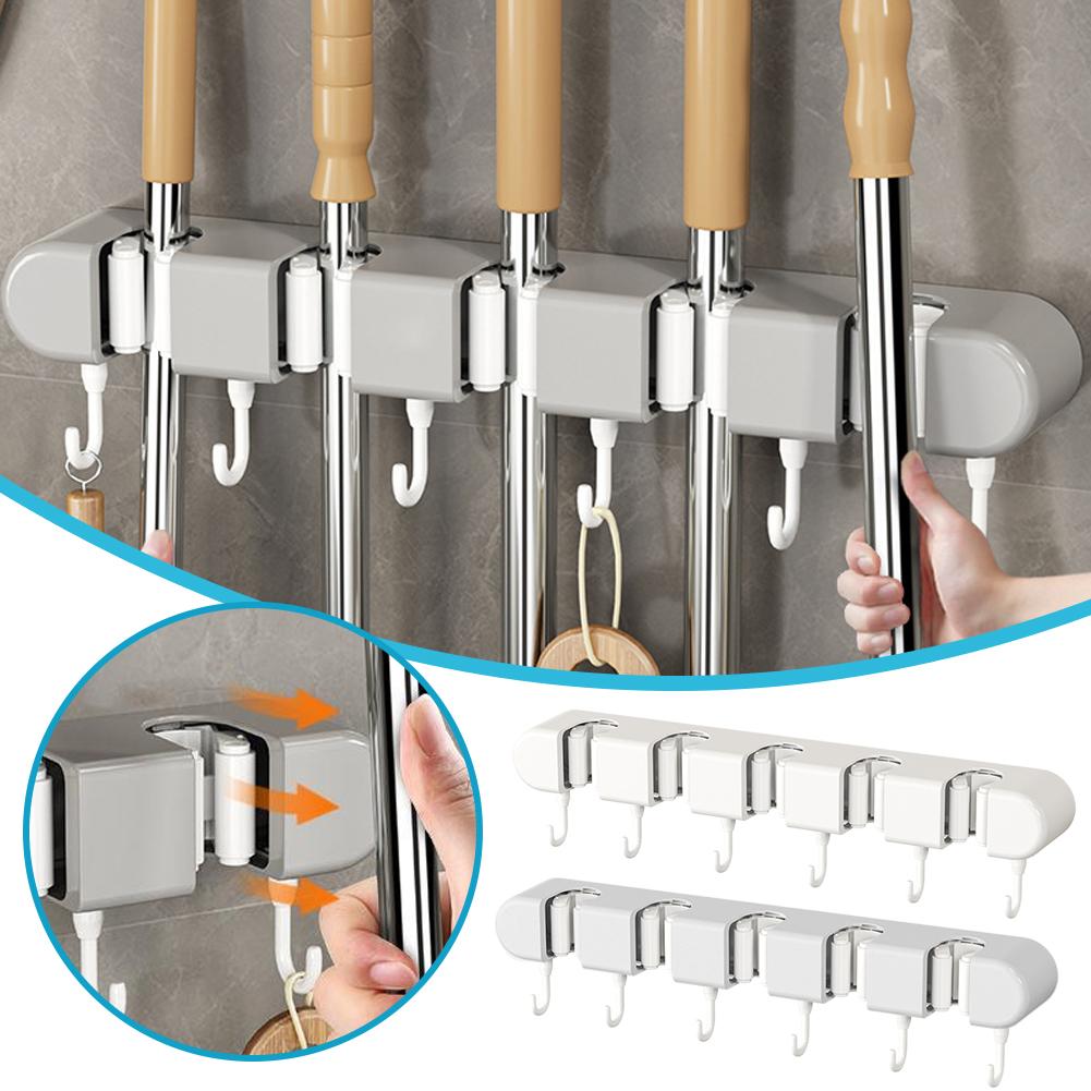 Broom Mop Holder With Hooks Wall Mounted Broom Storage No Multifunction Organizer Rack Holder Kitchens Self-Adhesive Drilli X1P3