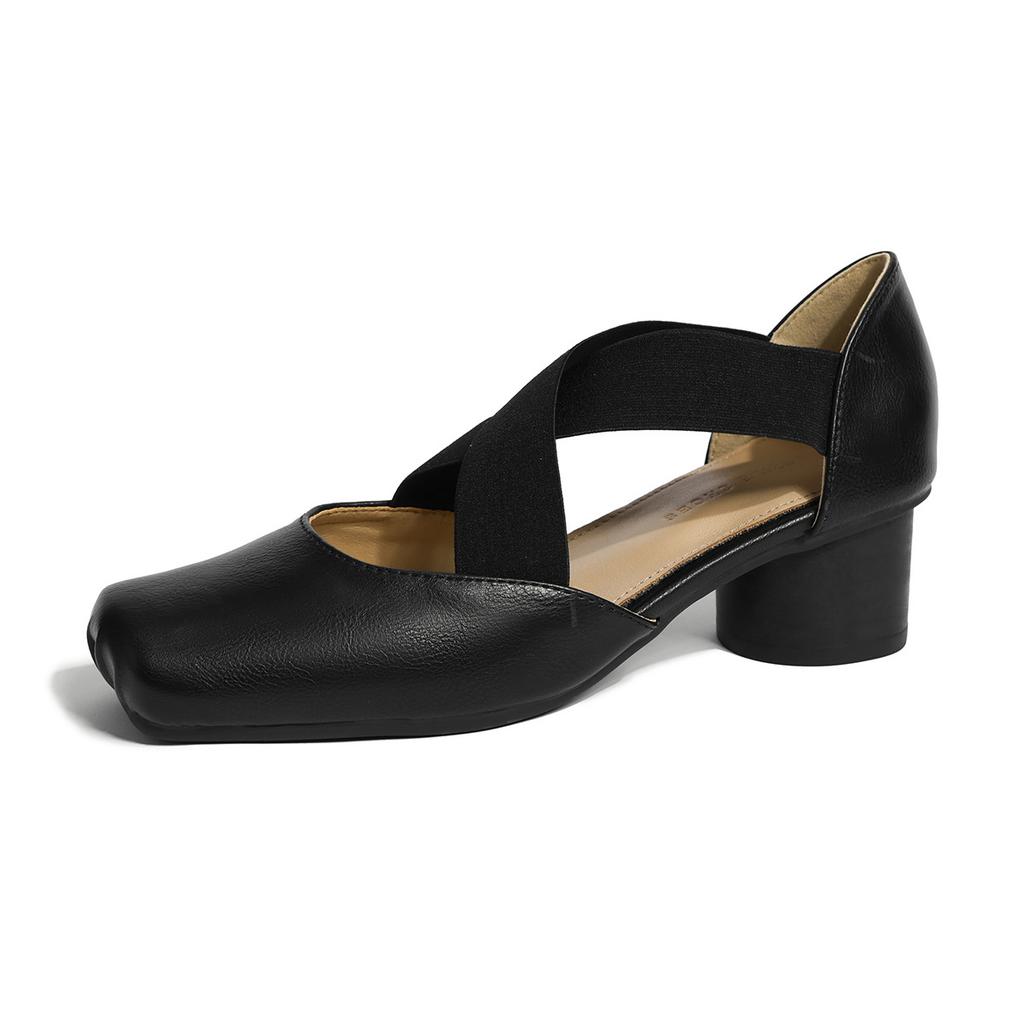 Leather ballet shoes hollow sandals women's summer wear retro style square head thick heel light mouth Mary Jane single shoes women