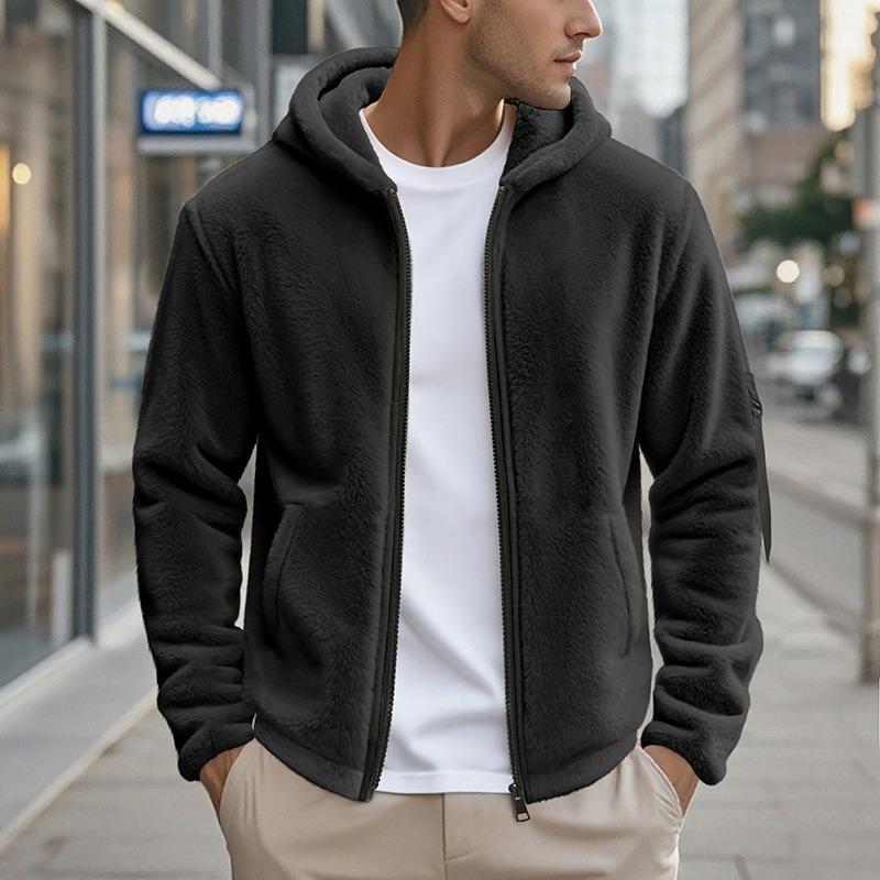 Men's Fleece Lined Hooded Zip Up Jacket Loose Casual Coat.