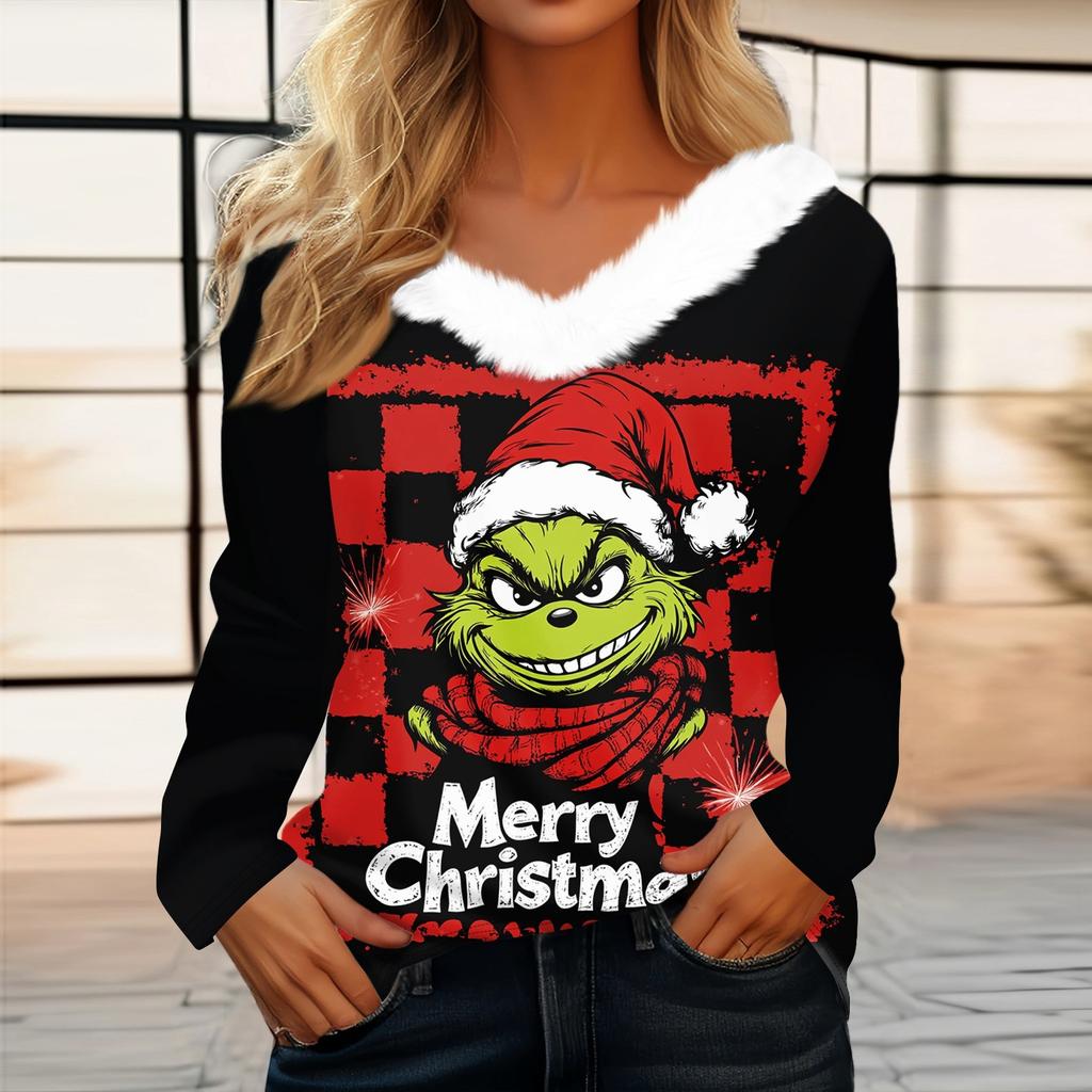 Damen Weihnachtsbedrucktes Langarmshirt V-Ausschnitt Lässig Locker Geschnitten T-Shirt Oberteile