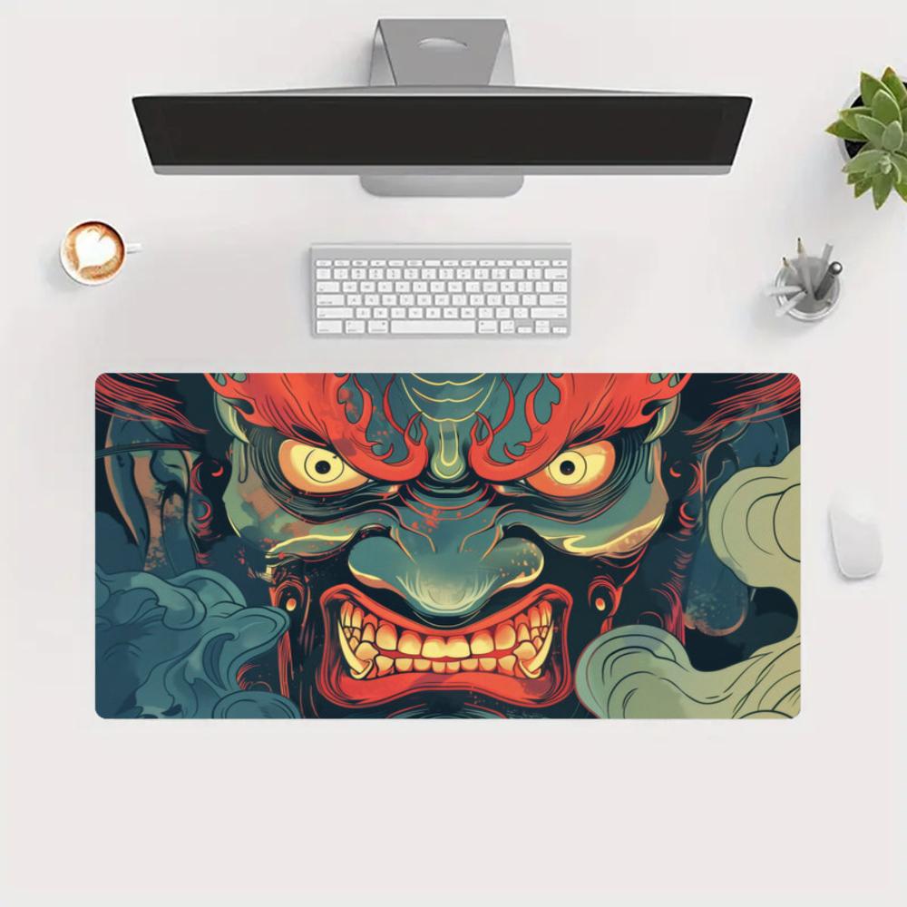 Fiery Red Oni Demon Ukiyoe Style Design Large Size Game Desk Mat Natural Rubber Nonslip Esports Mouse Pad For Laptop Desktop