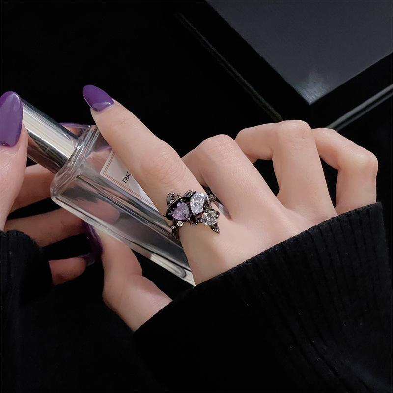 Dark Gothic Personality Raven Diamond Open Ring Personality Demon Wings Sweet Cool Love Thorns Accessories Female