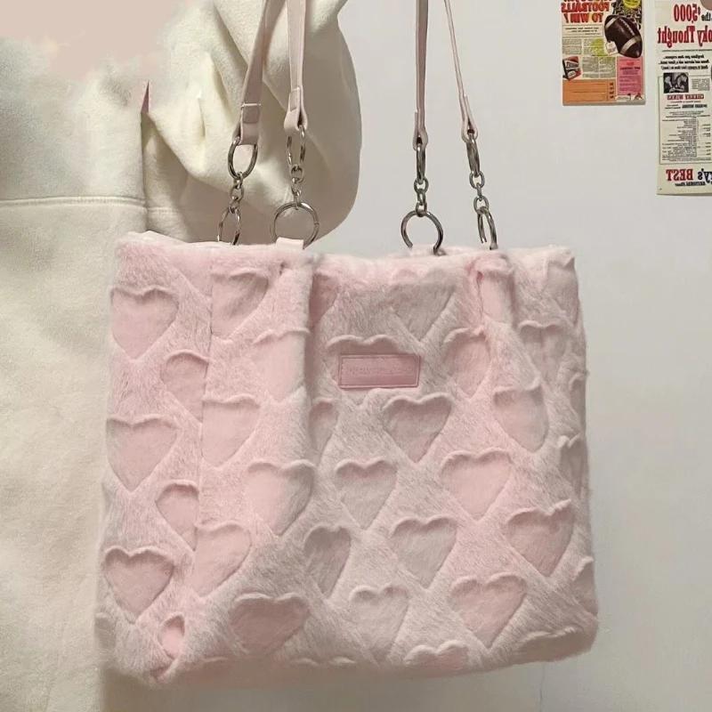 

Cute Furry Women s Casual Tote Bags Love Heart Ladies Sweet Shoulder Underarm Bags Solid Color Female Fashion Plush Handbags