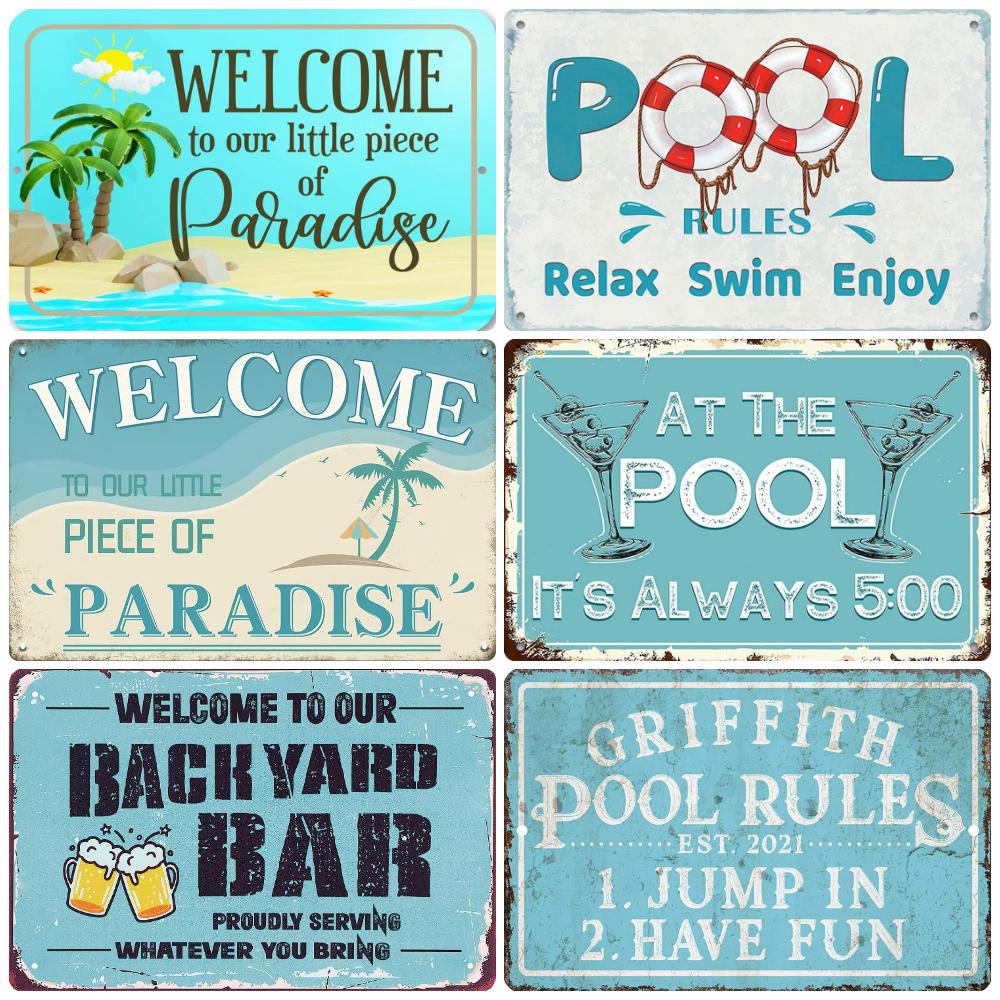 Retro Pool Rules Metal Sign Tin, Vintage Summer Swim Happy Place Plates, Wall Sign, Bar & Grill, Pub Decor, WY51