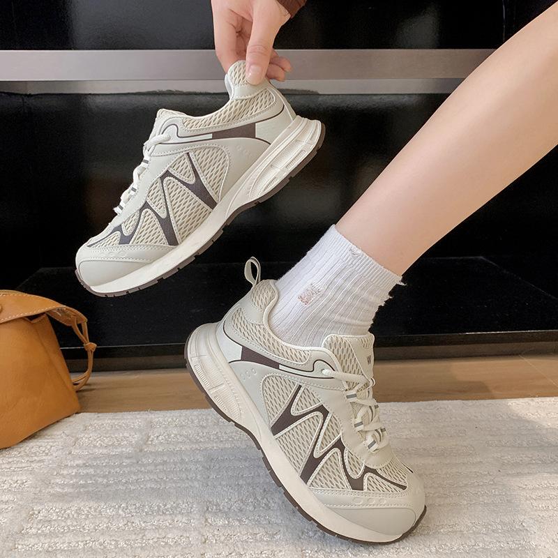 Leather mesh Forrest Gump shoes women's 2025 summer new round head thick sole thin breathable lightweight casual sports shoes tide