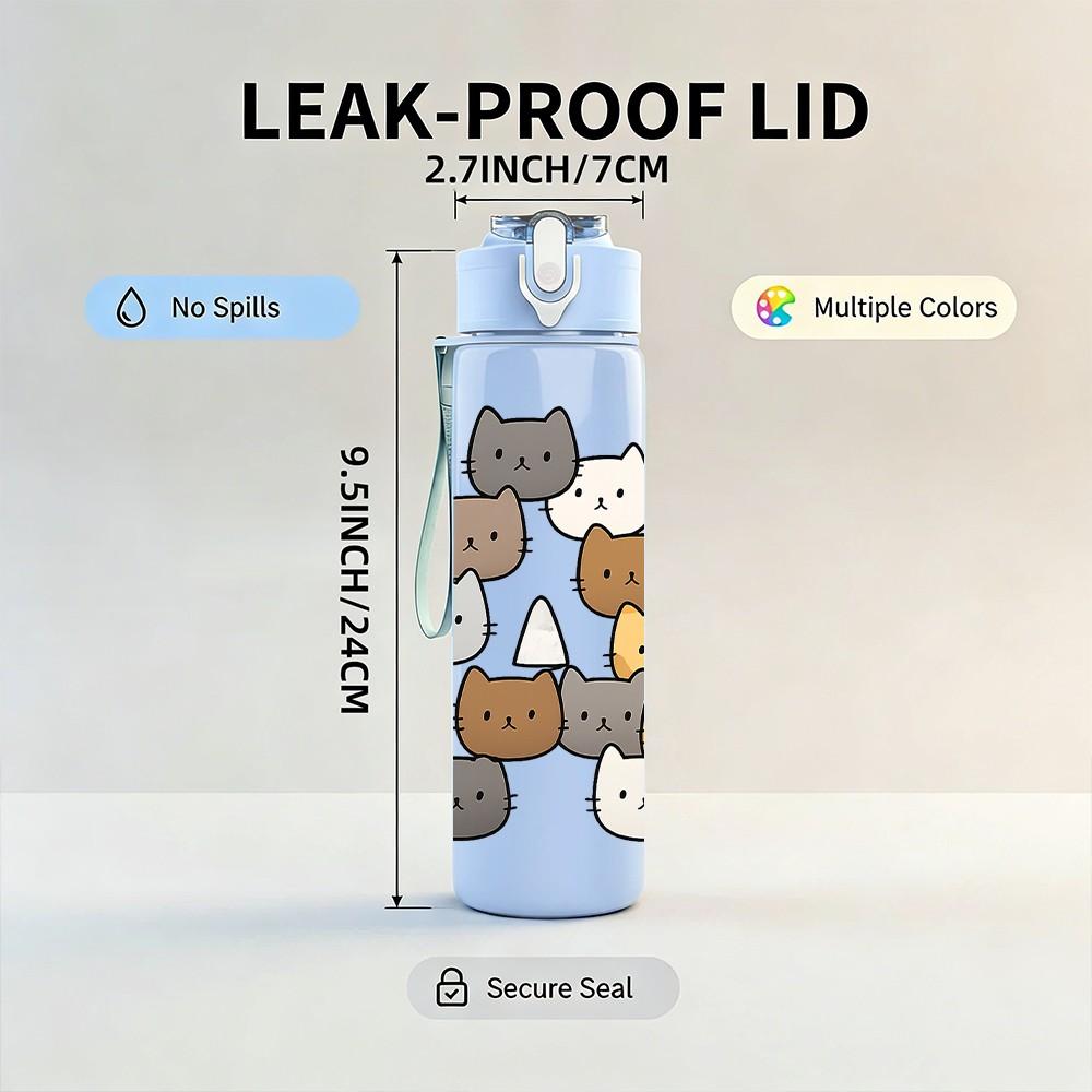 1PC Stacked Cute Cat Group 750ml Color Plastic Sports Water Bottle Leakproof Flip Straw Lid Suitable for Sports Office Home Use