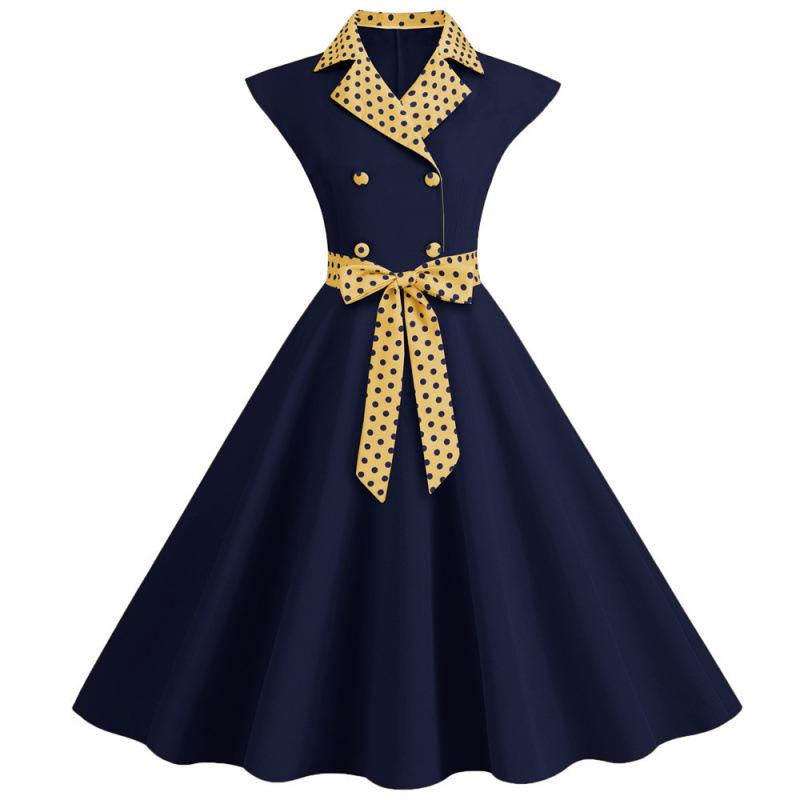 2023 Elegant Polka Dot Lapel Dress with Slimming Wide Hem and Belt