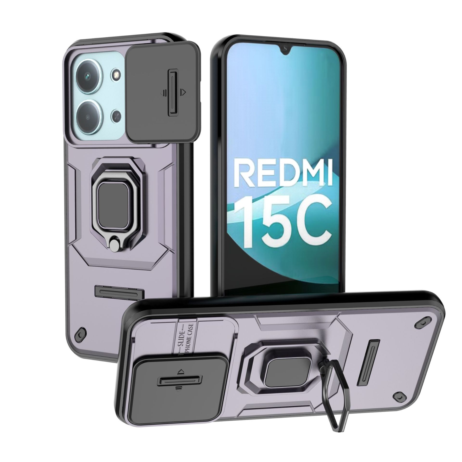 

Xiaomi Redmi 15C (173.16*81.07mm) Phone Case, with Slide Camera Cover,Rotated Ring Kickstand Military Grade Shockproof Protective Cover Xiaomi Redmi 15C 5G/4G 17