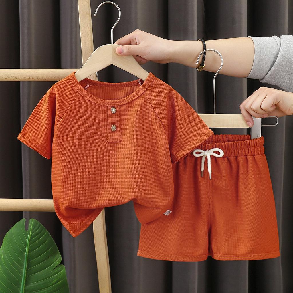 Children's Short-sleeved Suit Summer Boys Shorts Korean Version of The Children's Waffle Baby Summer Children's Clothing