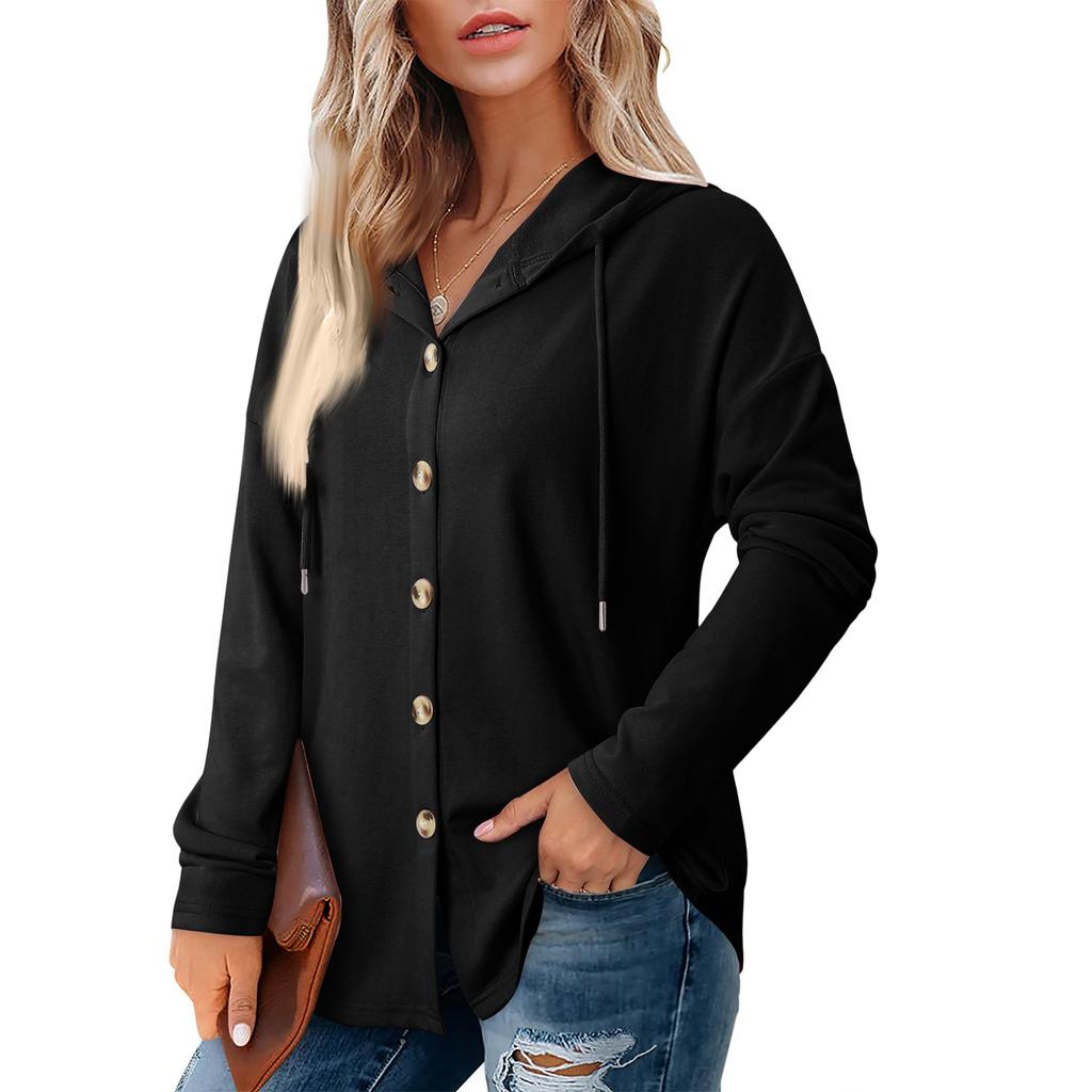 Women's Fashion Casual Raglan Long-Sleeve Drawstring Coat, Vintage Buttoned Hooded Coat