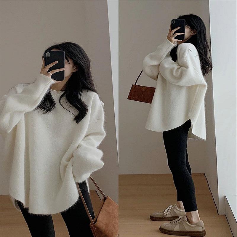 Autumn Winter Round Neck Knit Sweater Loose Lazy Style Design Niche Soft Versatile Pullover Women