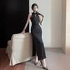 Improved imperial sister evening dress slim dress black retro split slim Chinese cheongsam dress
