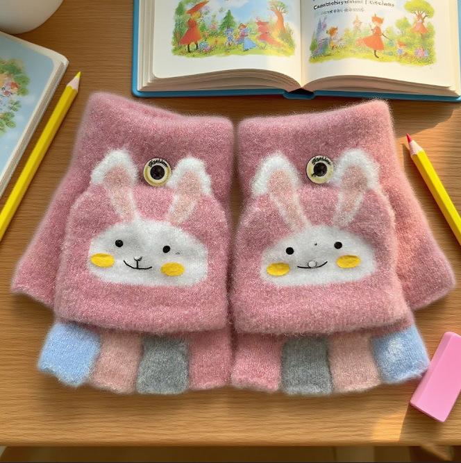 Customized Autumn Boys and Girls Flip Cover Half Finger Dew Finger Students Write Homework Warm Plush Writing Gloves Winter
