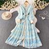 French sweet age-reducing lace hook-up lapel lantern sleeve dress women's vacation wind hemp rope waist and thin long dress
