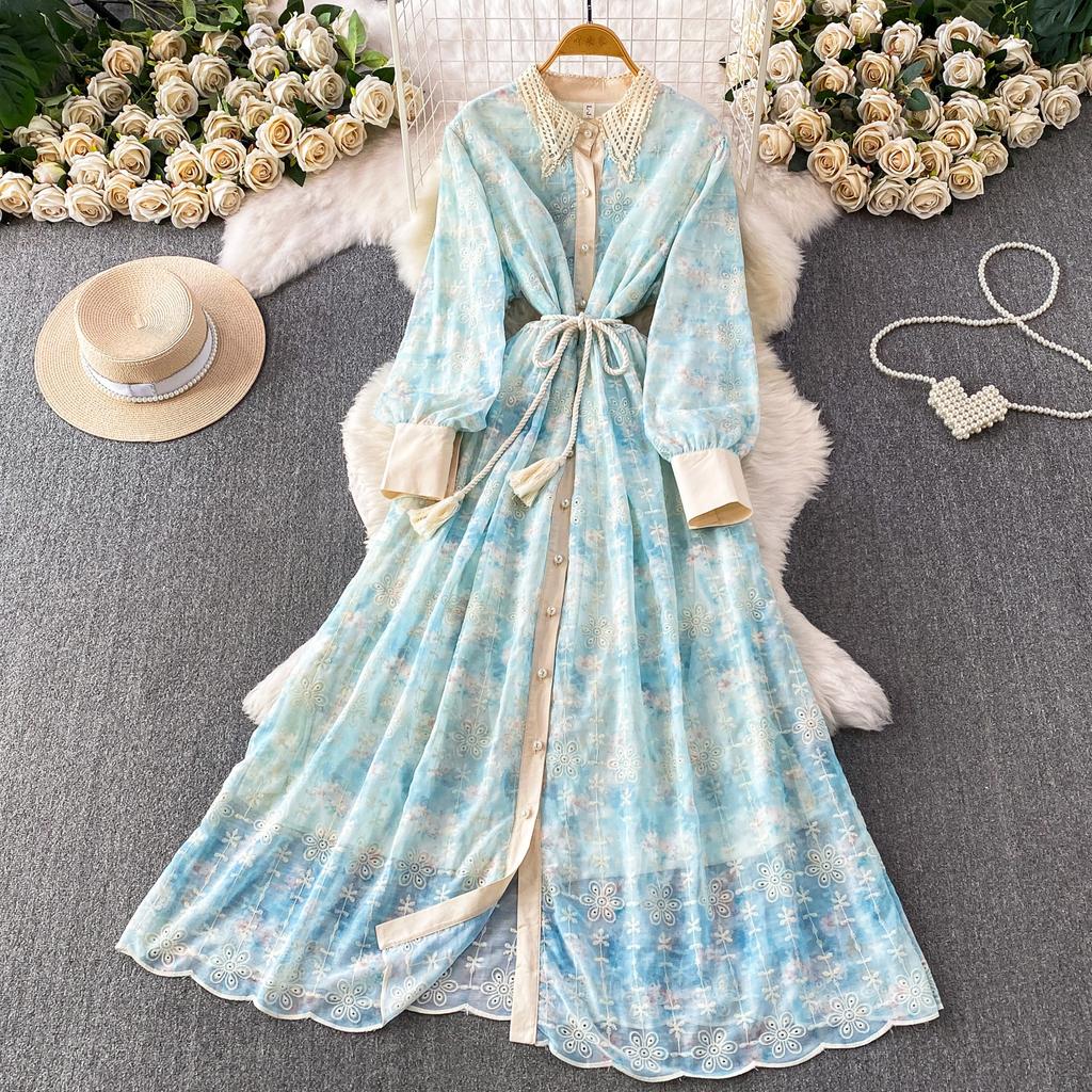 French sweet age-reducing lace hook-up lapel lantern sleeve dress women's vacation wind hemp rope waist and thin long dress