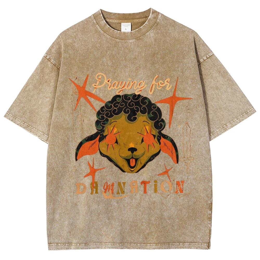 

Крутые футболки с дьявольской овцой унисекс, выстиранные футболки, мужские, женские, оверсайз, с коротким рукавом, хлопковая уличная одежда, графическая футболка S