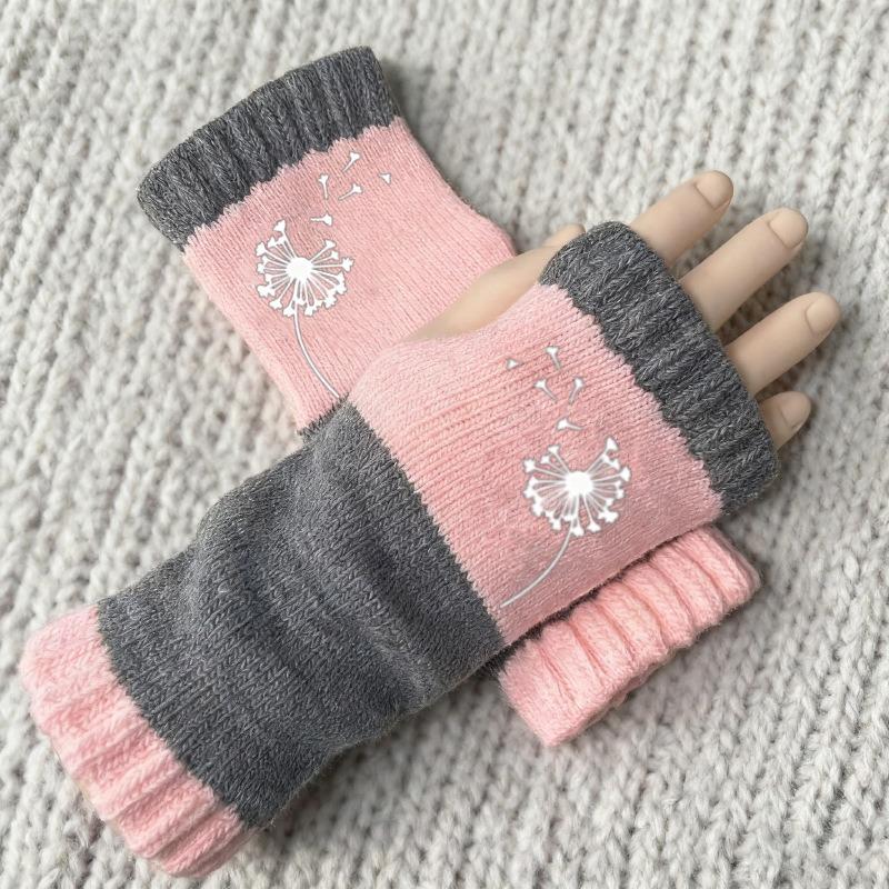 Gants en tricot sans doigts avec broderie de chat et patchwork, Gants décontractés ouverts aux doigts tendance pour femme, Mitaines chaudes d'hiver sans doigts