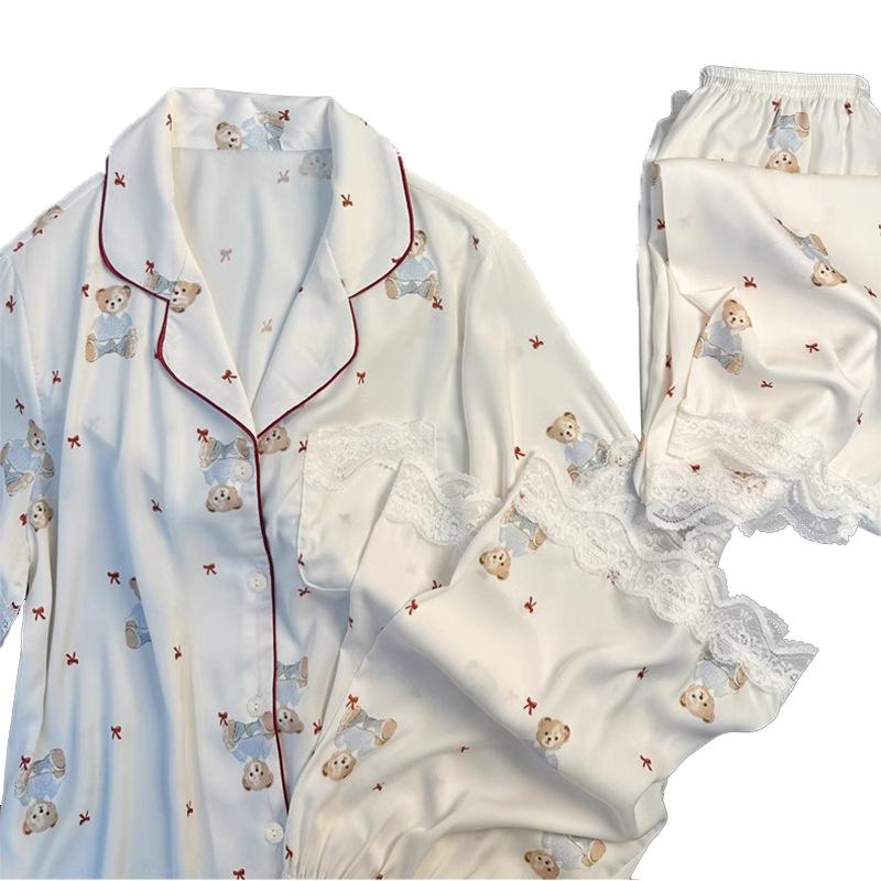 Lace Lace Bear Three-Piece Spring Imitation Silk Thin Short-Sleeved Short Trousers Loungewear
